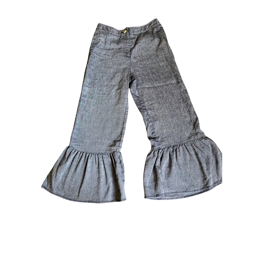 Anthropologie Blue Gray Ruffle Bell Bottom Wide Leg Pants Womens Size 2